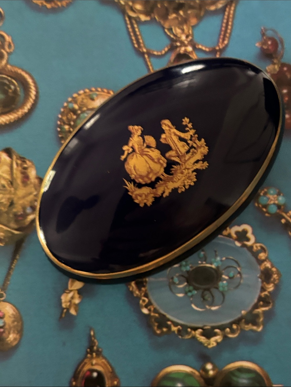Vintage Limoges Cobalt Blue Oval Porcelain Trinket Box with Gold Crest